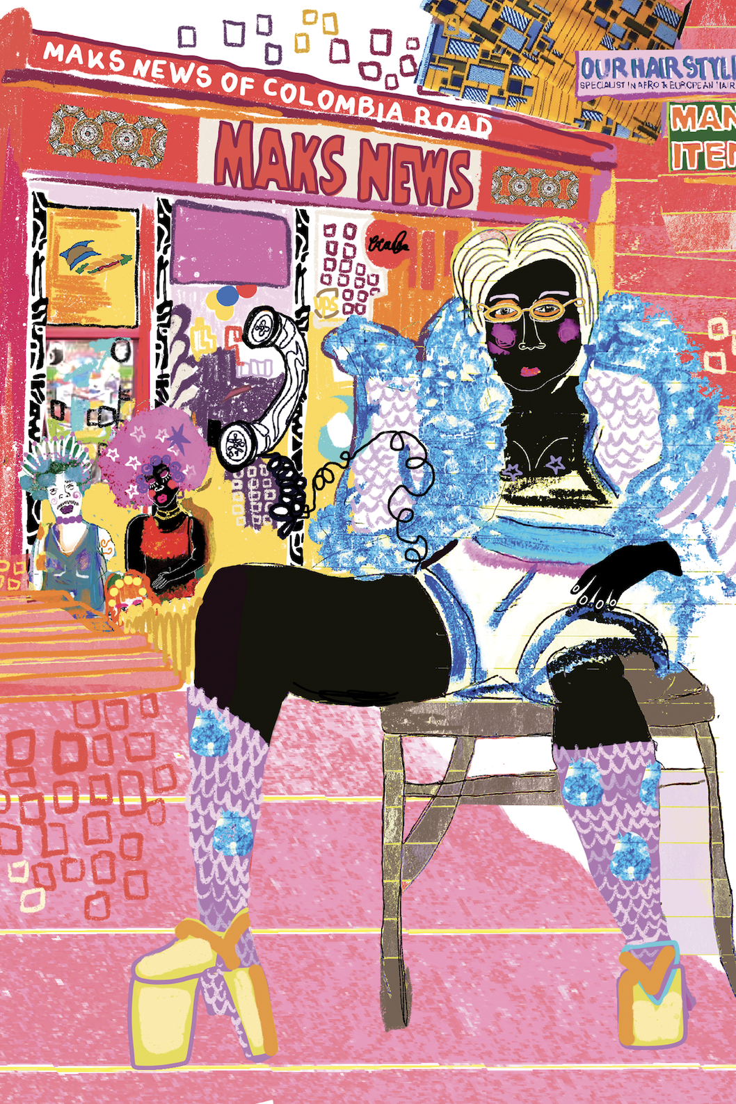 A colorful, abstract illustration of a street scene featuring a person with blonde hair, glasses, and purple face paint sitting on a bench. They are wearing a blue fluffy jacket, black pants, and purple patterned tights with yellow boots. Various people and posters are in the background, including a storefront labeled 'MAKS NEWS' and signs about hair styling and items for sale.