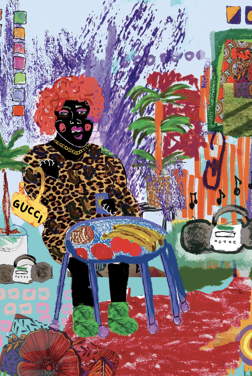 A colorful illustration of a person with dark skin, pink curly hair, and vibrant makeup, sitting at a table with a plate of food, including bananas, tomatoes, and a slice of meat. The person is wearing a leopard print top, green fuzzy slippers, and jewelry, with a Gucci bag hanging from the arm. The background features purple and green plants, a patterned wall, and various abstract elements, with a boombox on the table and a small radio on the floor.
