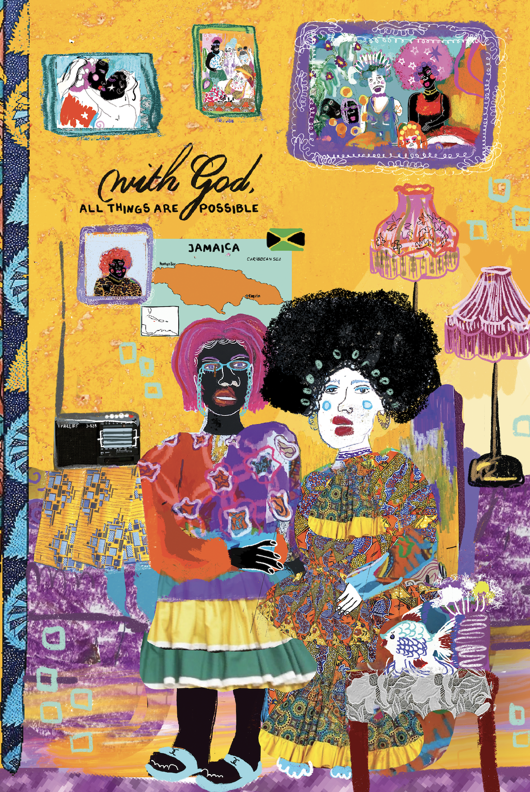 A colorful digital illustration of two women with vibrant hairstyles and patterned clothing standing in a room with bright yellow walls. The background features framed artwork, a map of Jamaica, and decorative lamps, with the words 'with God, all things are possible' written on the wall.