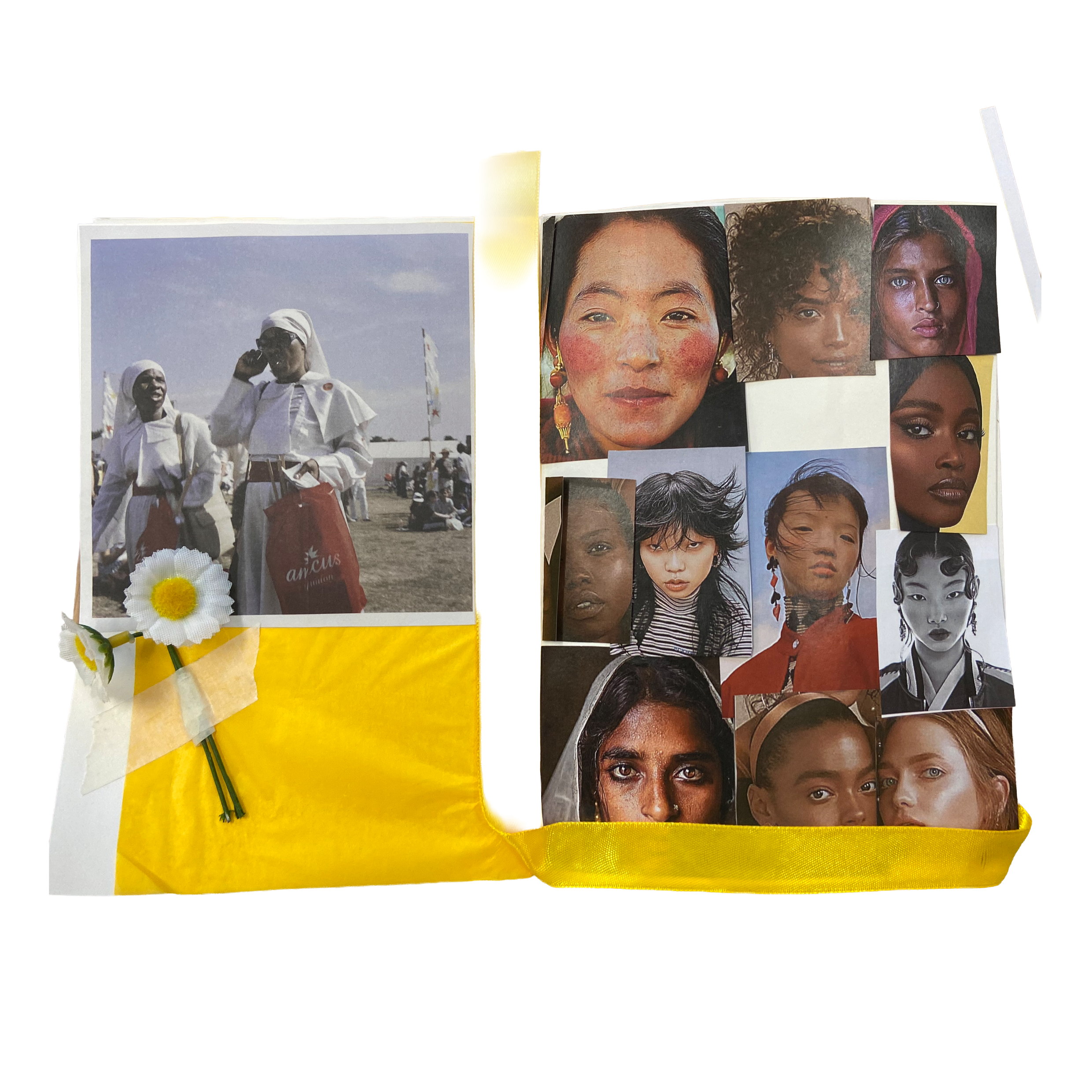Open scrapbook with a black and white photograph of two women in white traditional attire at an outdoor event on the left and a collage of diverse women's portrait photographs on the right, inside a yellow folder.