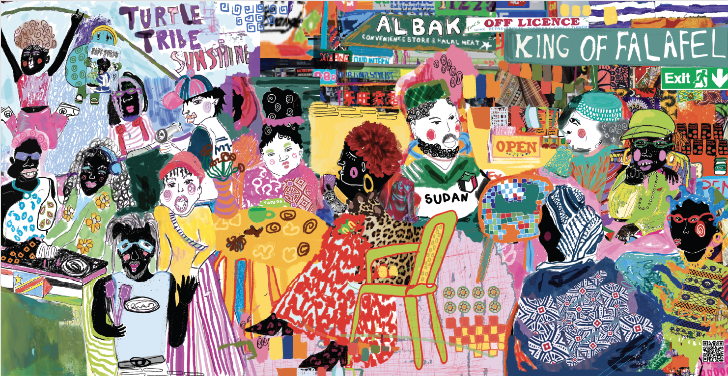 Colorful illustration of a lively group of people at a market or gathering, with signs and various vibrant patterns and objects around them.