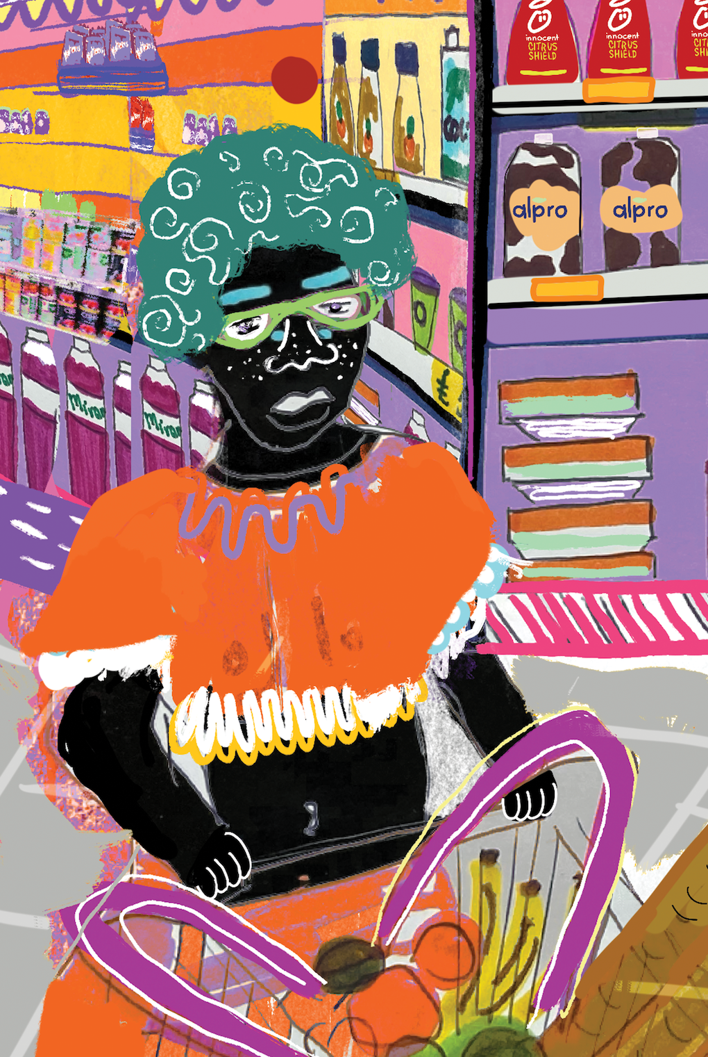 A person with curly teal hair, glasses, and a painted face is shopping in a grocery store aisle with shelves stocked with colorful products, including almond milk and juices. They are wearing an orange top with white ruffles and are pushing a shopping cart filled with vegetables.