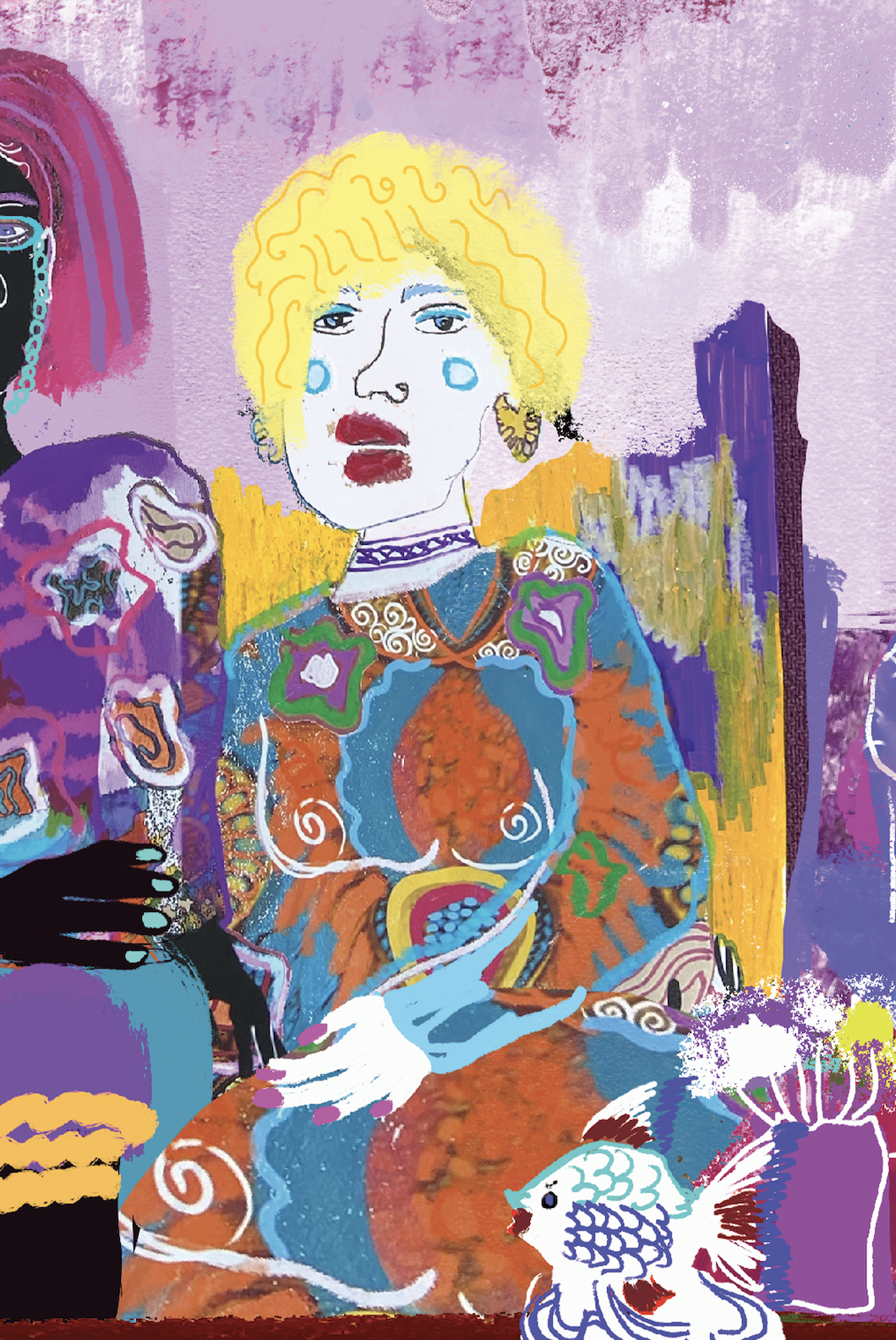 An abstract, colorful painting of a woman with yellow curly hair wearing a vibrant, patterned dress. She is seated, with a fish at her feet, against a purple and pink background.