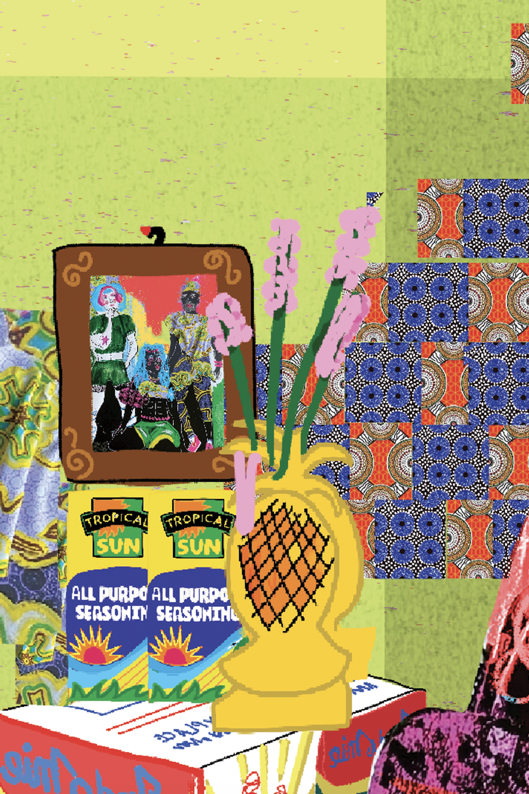 Colorful collage of objects including a painting of people, pink flowers in a yellow vase, Tropicana Sun juice cartons, patterned fabric, and paper with writing on a red surface.