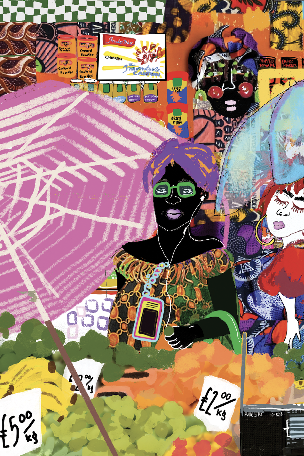 Digital illustration of a vibrant street market scene with three women shopping among colorful produce, household items, and patterned textiles, with price tags visible for various goods.