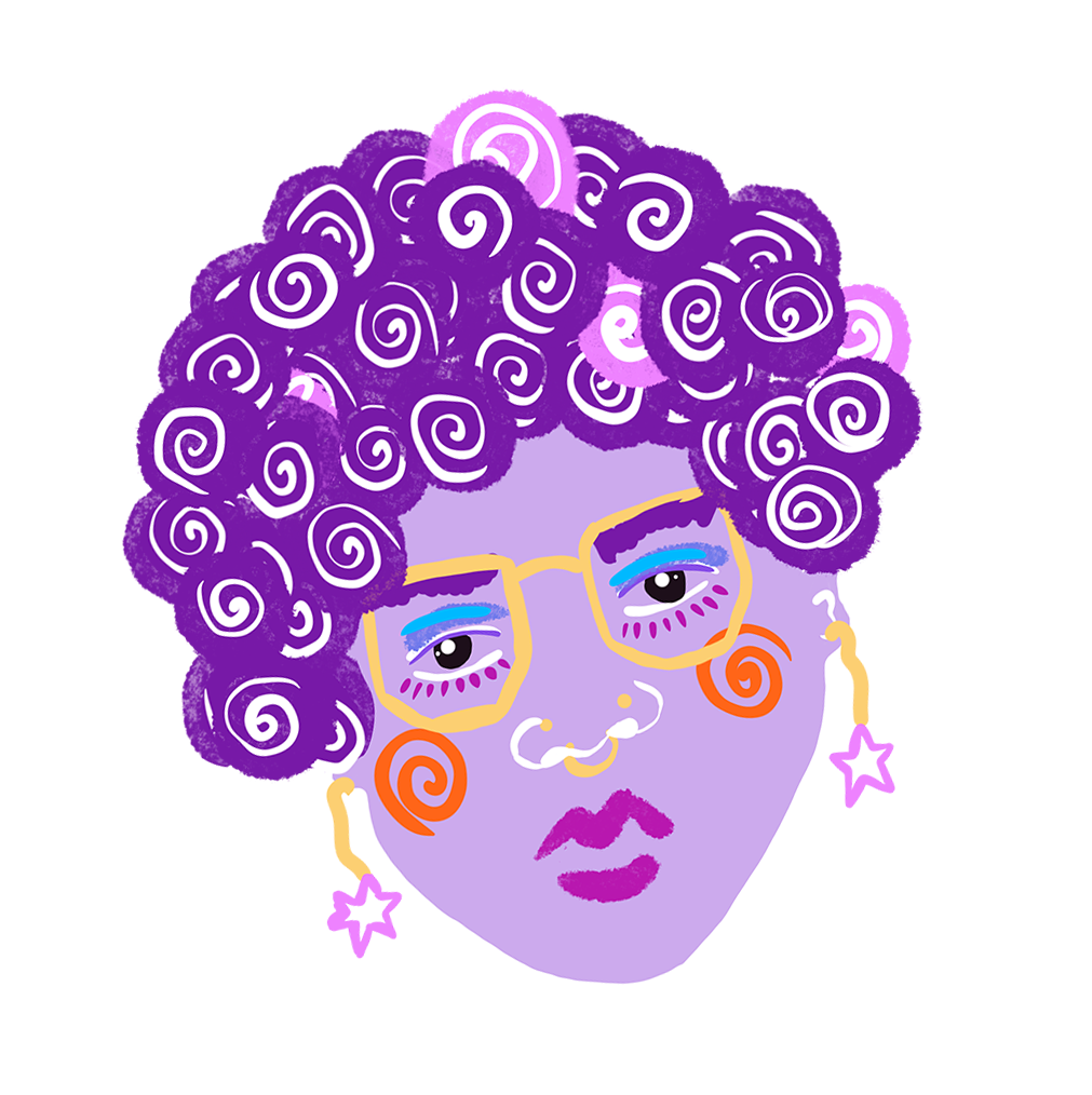 Stylized digital illustration of a person with purple curly hair, yellow glasses, purple lipstick, and colored facial accessories