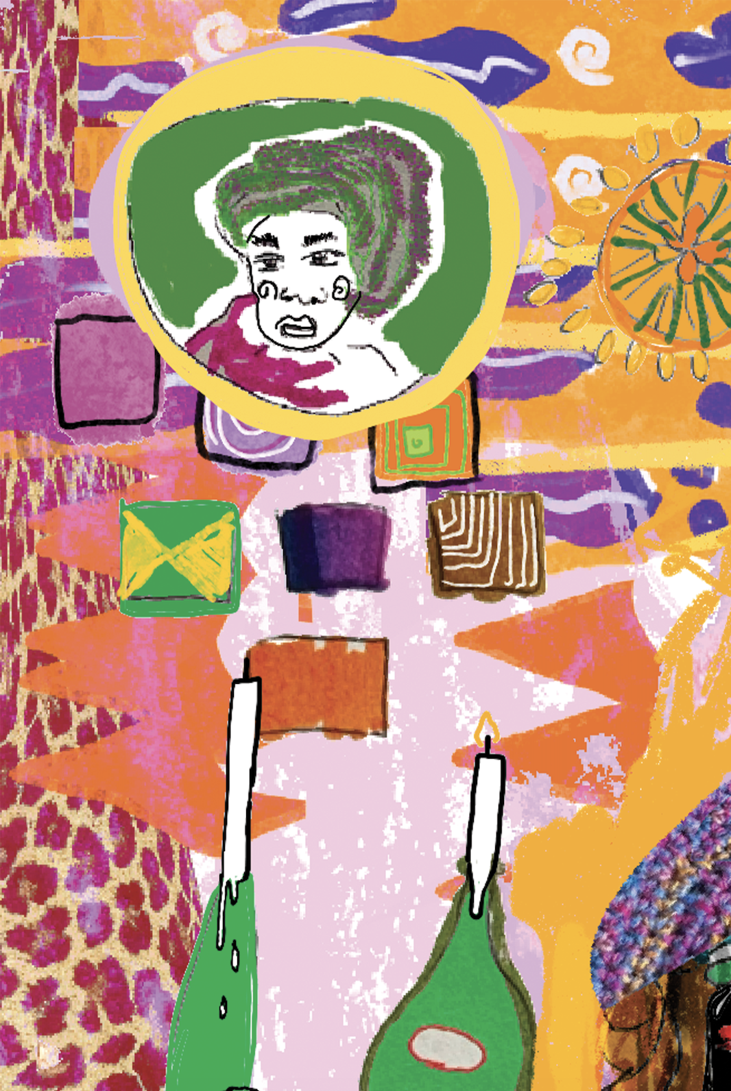 Abstract artwork featuring a caricature of a woman with exaggerated facial features inside a yellow circle, surrounded by colorful geometric shapes, patterns, and vibrant background in orange, pink, purple, and green.