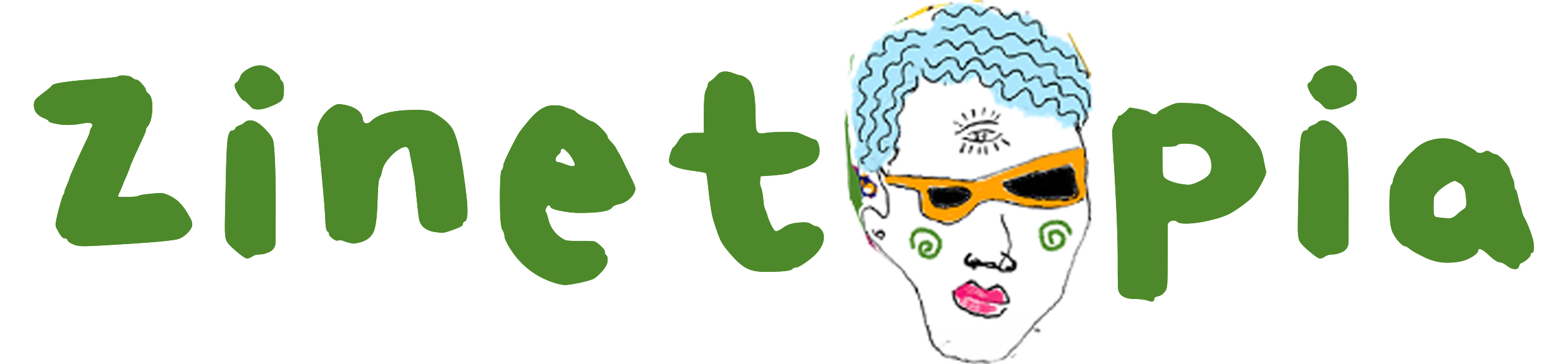 A colorful logo with the words 'Zine t' and 'Pi' in green, stylized letters. There is a drawing of a woman with blue curly hair, wearing sunglasses, earrings, and pink lipstick, positioned between the words.