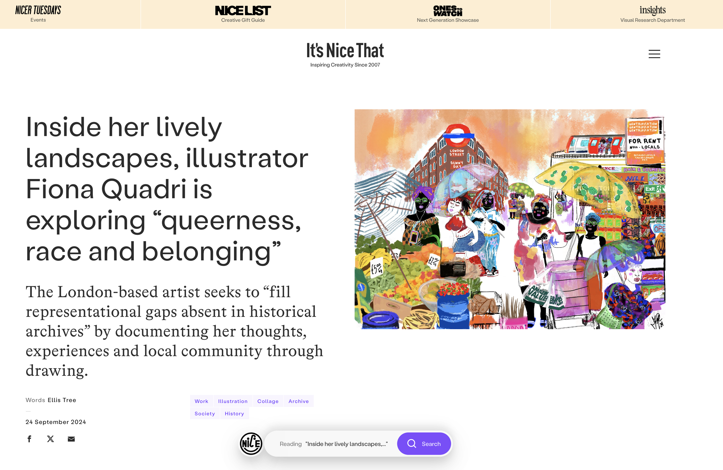 A colorful illustration of a lively street market with people holding umbrellas, shopping, and talking. There are buildings, signs, and various products displayed across the scene.