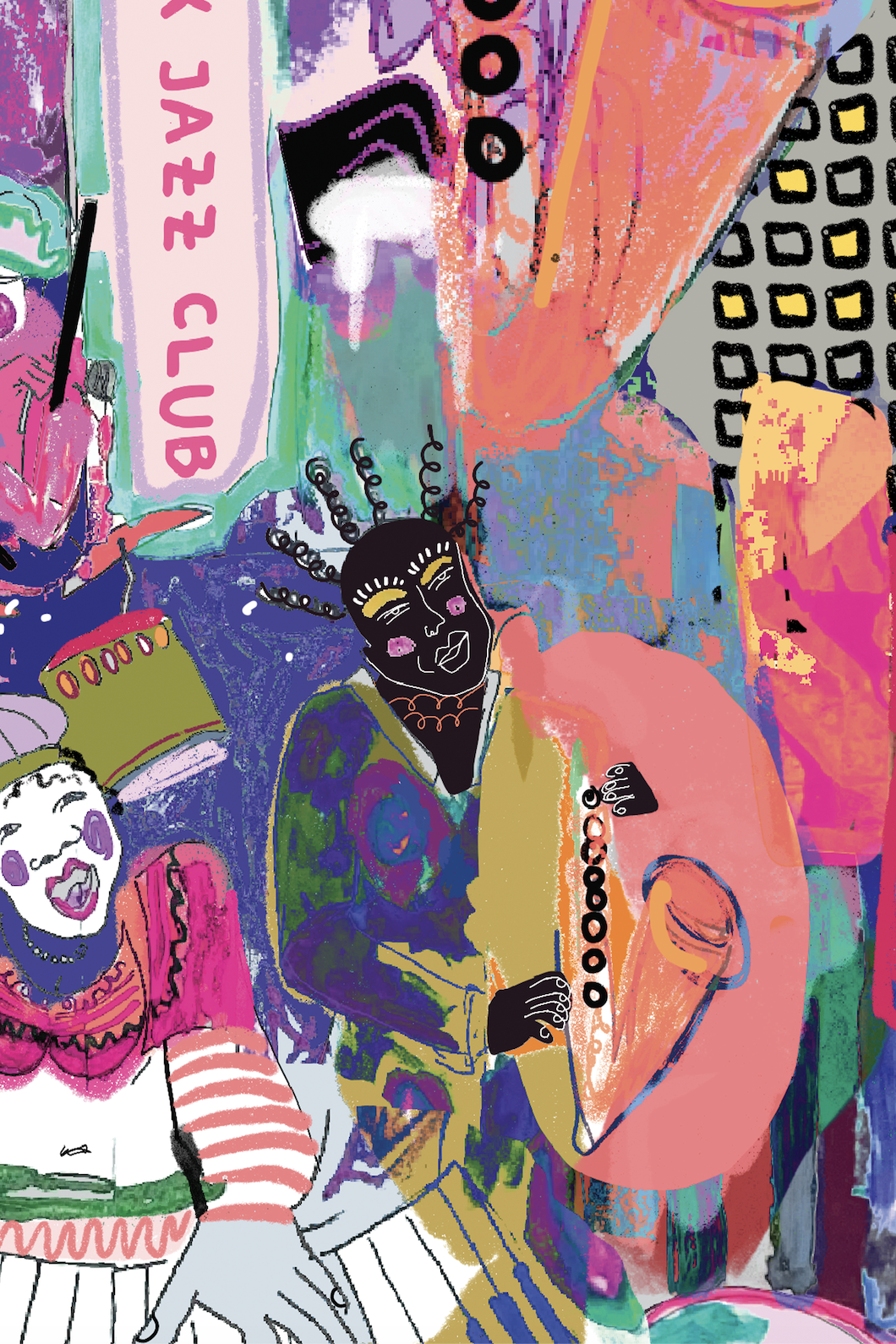 Colorful abstract digital art featuring a woman with black skin tone and braided hair, smiling, wearing a green top with blue and purple patterns, and a necklace. Surrounding her are other stylized figures, including a woman with white face paint, a large coffee mug, a sign reading 'CLUB & JAZZ,' and various abstract shapes and patterns in vibrant pinks, greens, blues, and oranges.