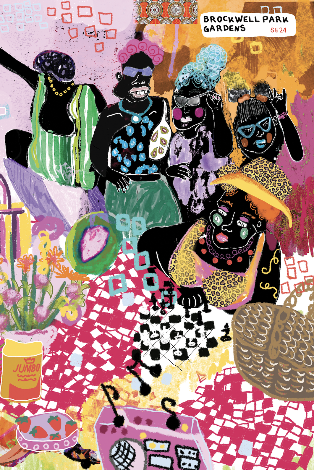 Colorful illustration of four women with makeup, sunglasses, and unique hairstyles at Brockwell Park Gardens, surrounded by flowers, a chessboard, a radio, and snacks.