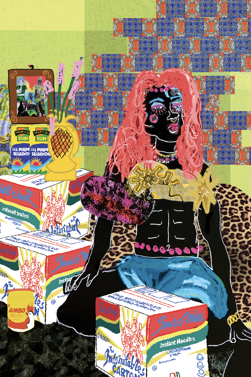 Colorful illustration of a woman with pink hair and dark skin sitting among boxes of instant noodles, a yellow pineapple-shaped vase with pink flowers, and framed artwork in the background. The scene includes a leopard print surface and patterned wall tiles.