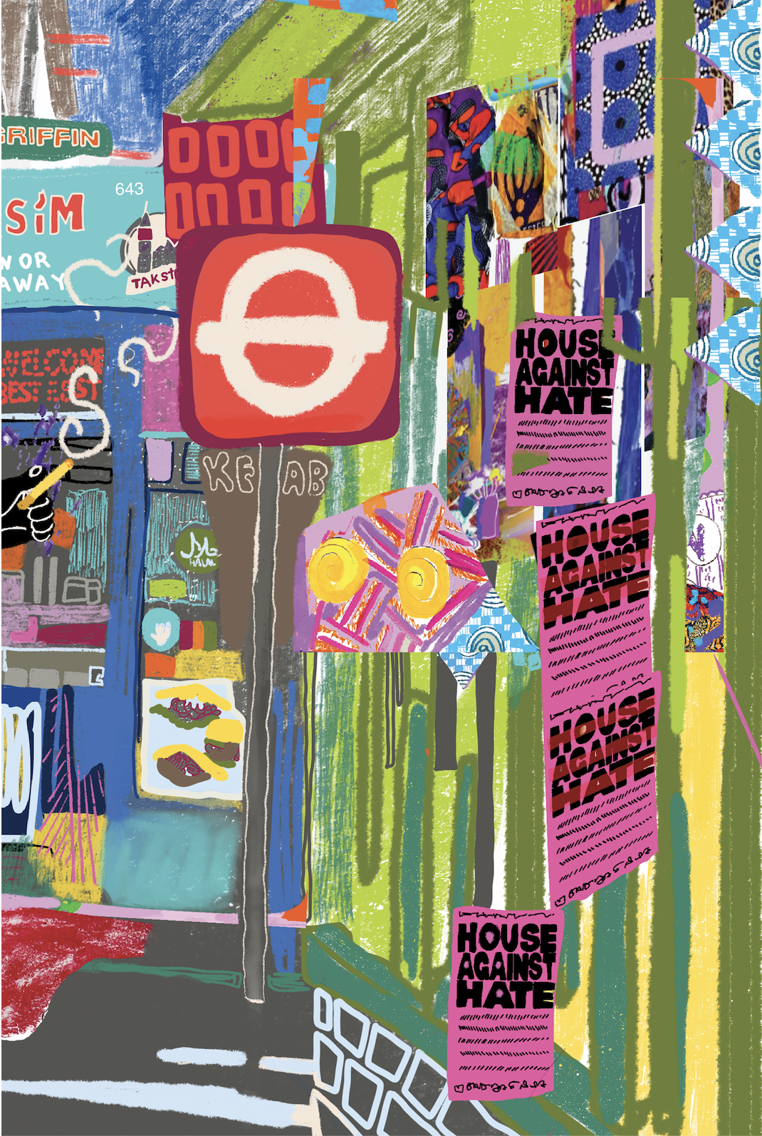 Colorful illustration of an urban street scene with various posters, signs, and graffiti, including repeating "House Against Hate" posters. There are bright colors, a vending machine, and street art elements.