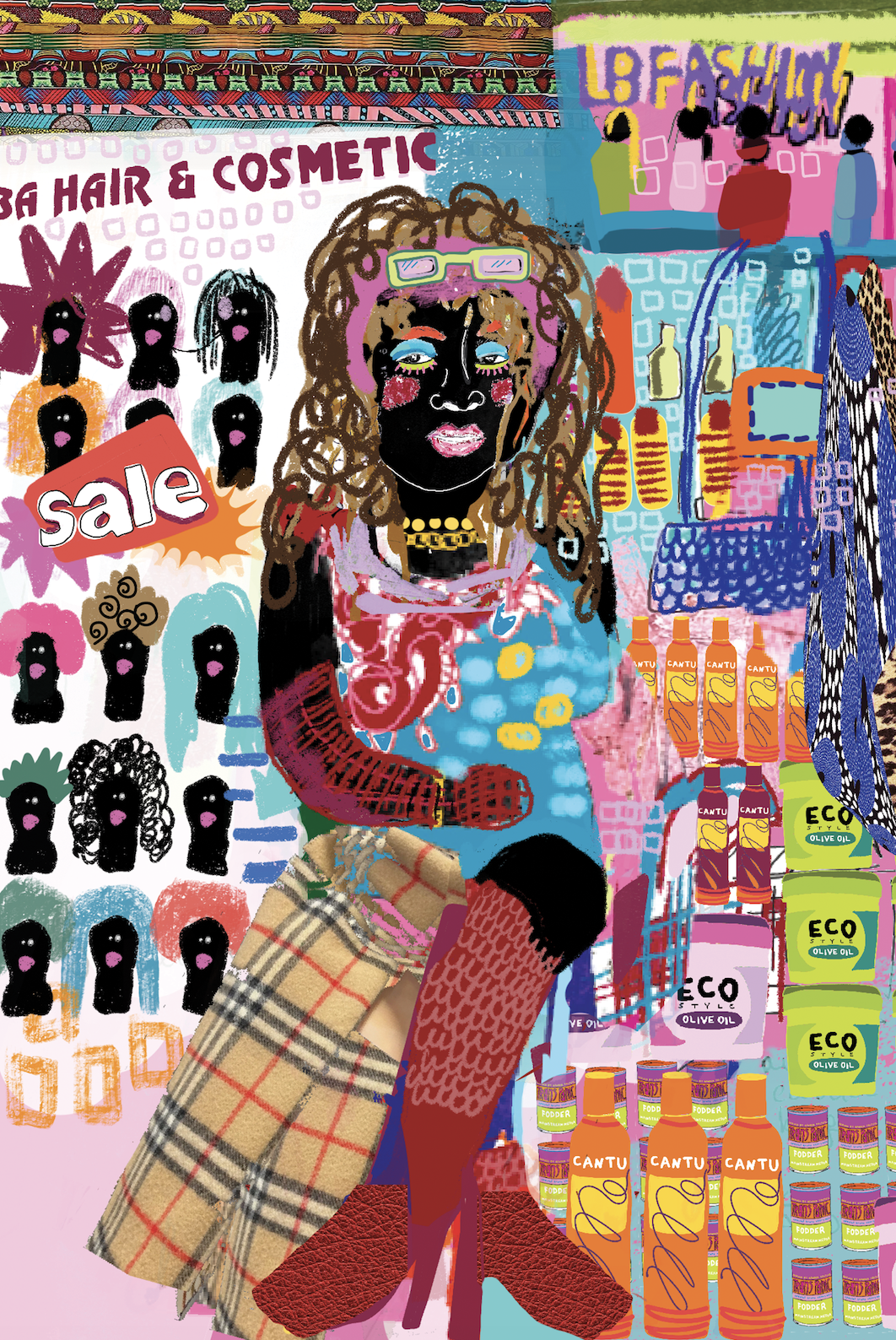 A colorful, abstract illustration of a person shopping in a store, surrounded by products like hair and cosmetic items, bottles, canned foods, and a sale sign, with stylized hair and makeup details.