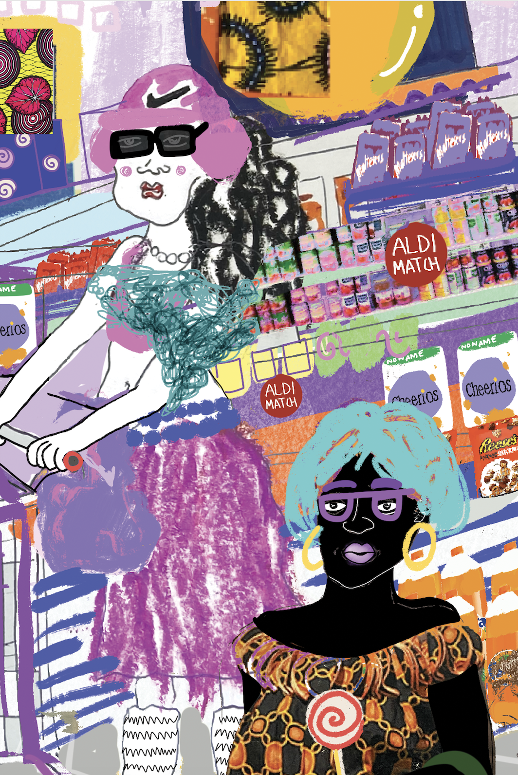Cartoon illustration of two women shopping at a grocery store aisle filled with cereal boxes and snack products.