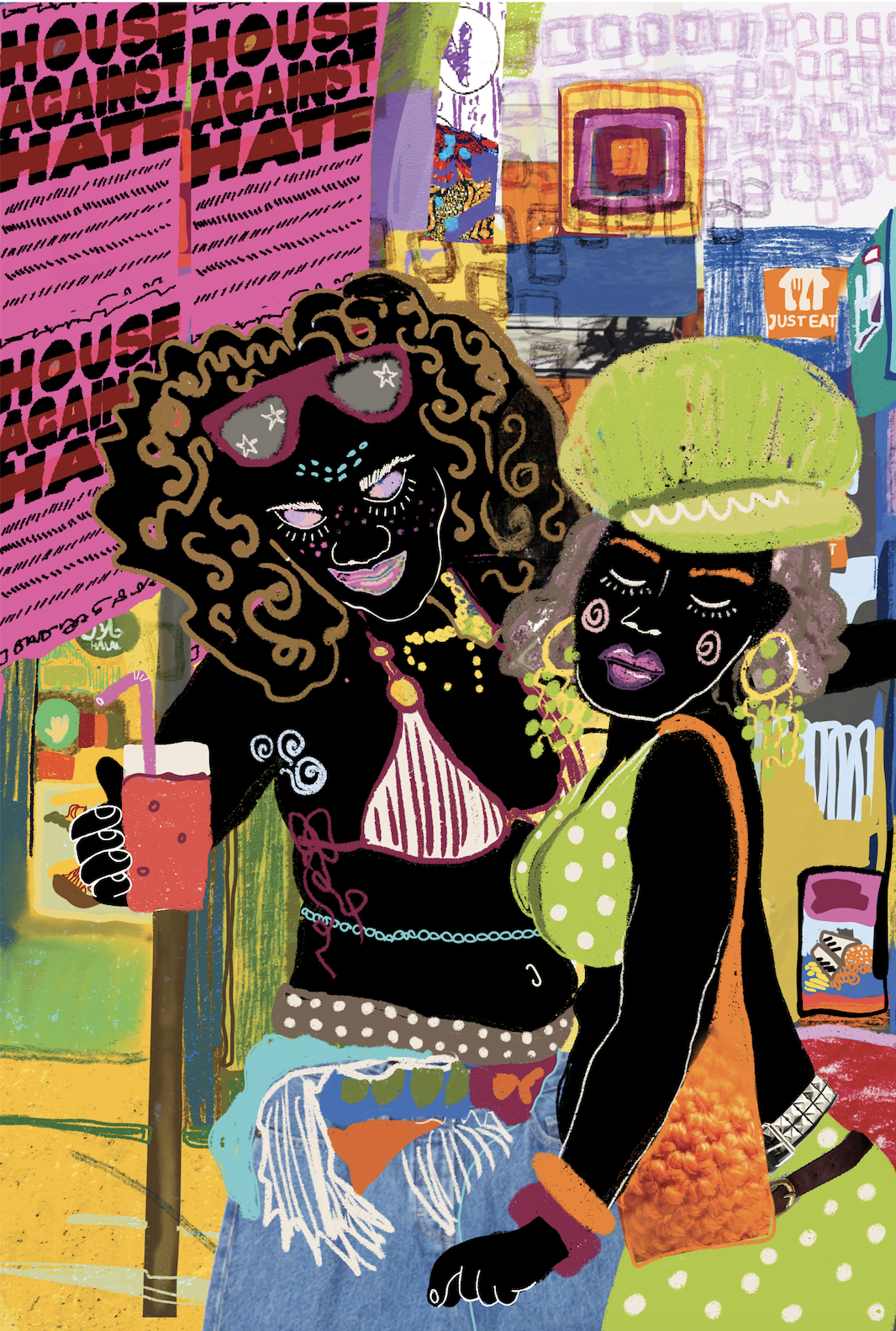 Two women with dark skin and vibrant, colorful clothing in an urban setting with posters and graffiti, enjoying drinks and each other's company.