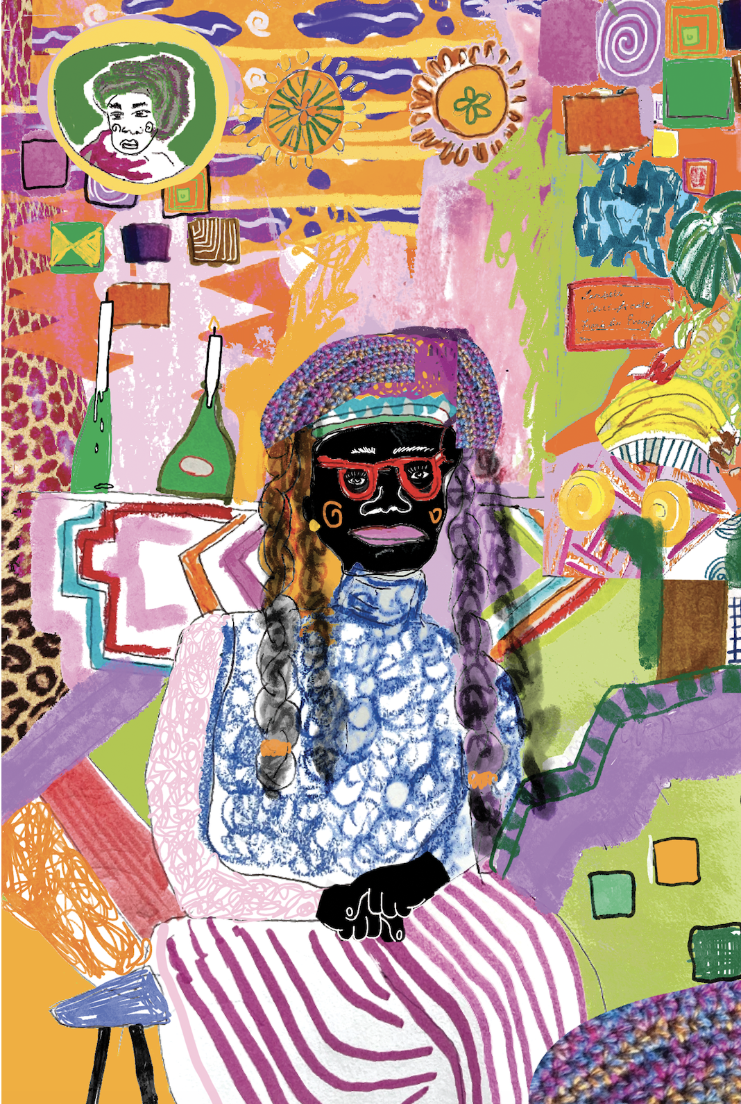 A colorful, abstract illustration of a woman with braided hair, wearing a multicolored hat, red glasses, and patterned clothing, sitting in a vibrant, chaotic room with various geometric shapes, plants, candles, and artistic elements.
