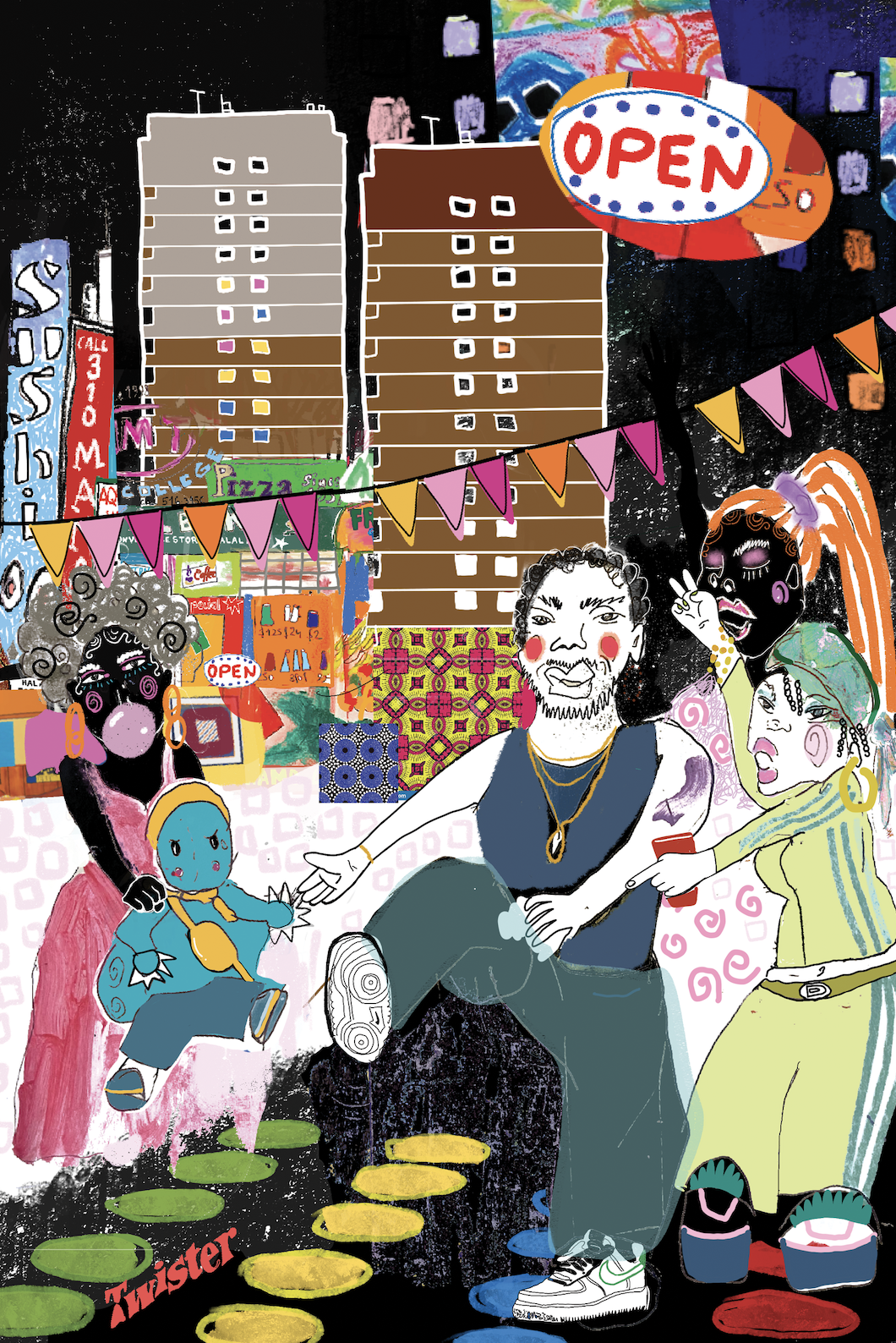 Colorful urban street scene with animated characters, tall buildings, bright signs, and people enjoying themselves, including a person with curly hair, a person with teal hair, and a person with orange hair in front of the cityscape.