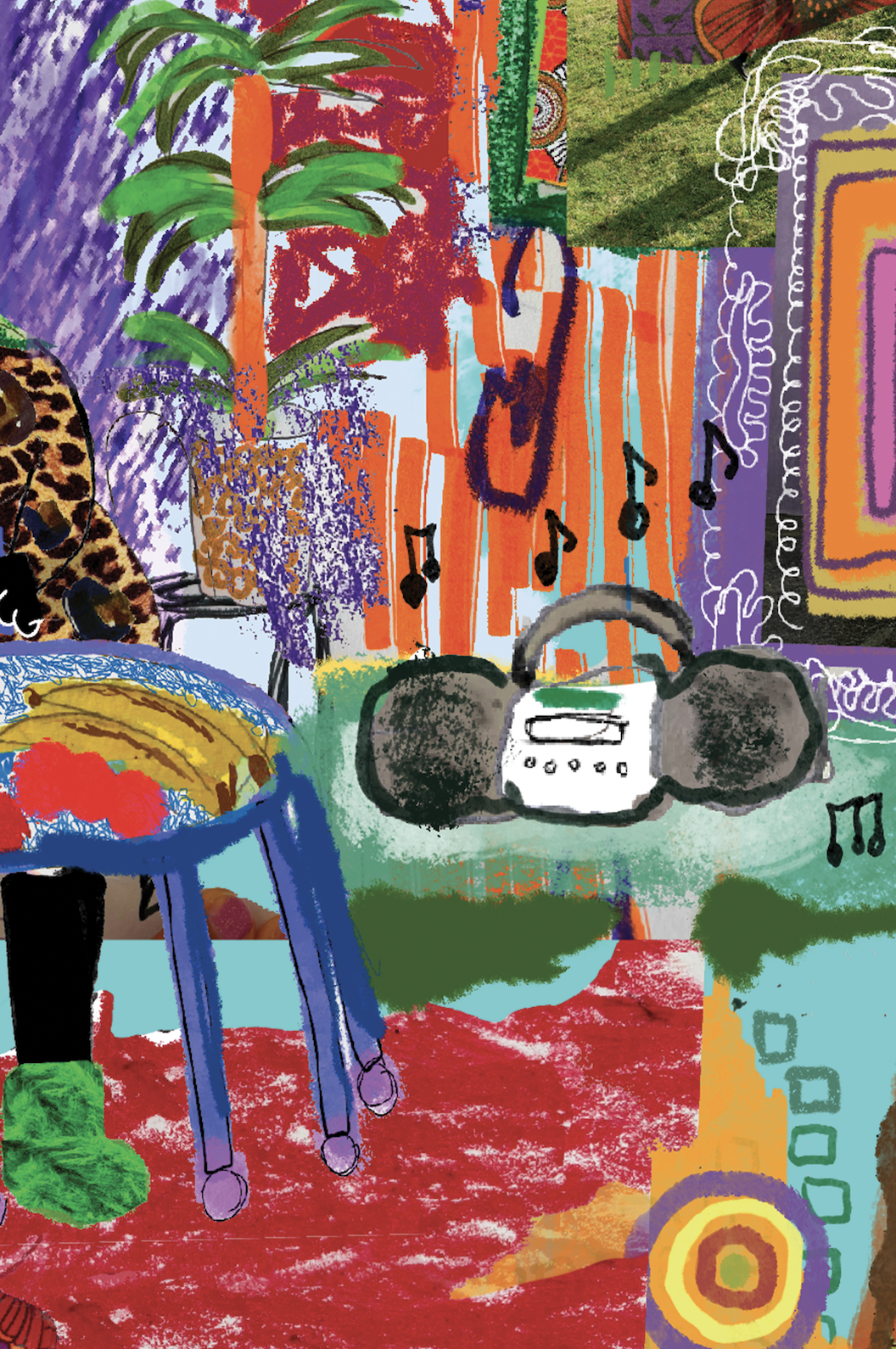 A colorful, abstract illustration featuring a potted plant with green leaves, a yellow bowl with red and yellow objects, a gray radio with black speakers and musical notes around it, a grassy outdoor scene, and various geometric and decorative patterns.