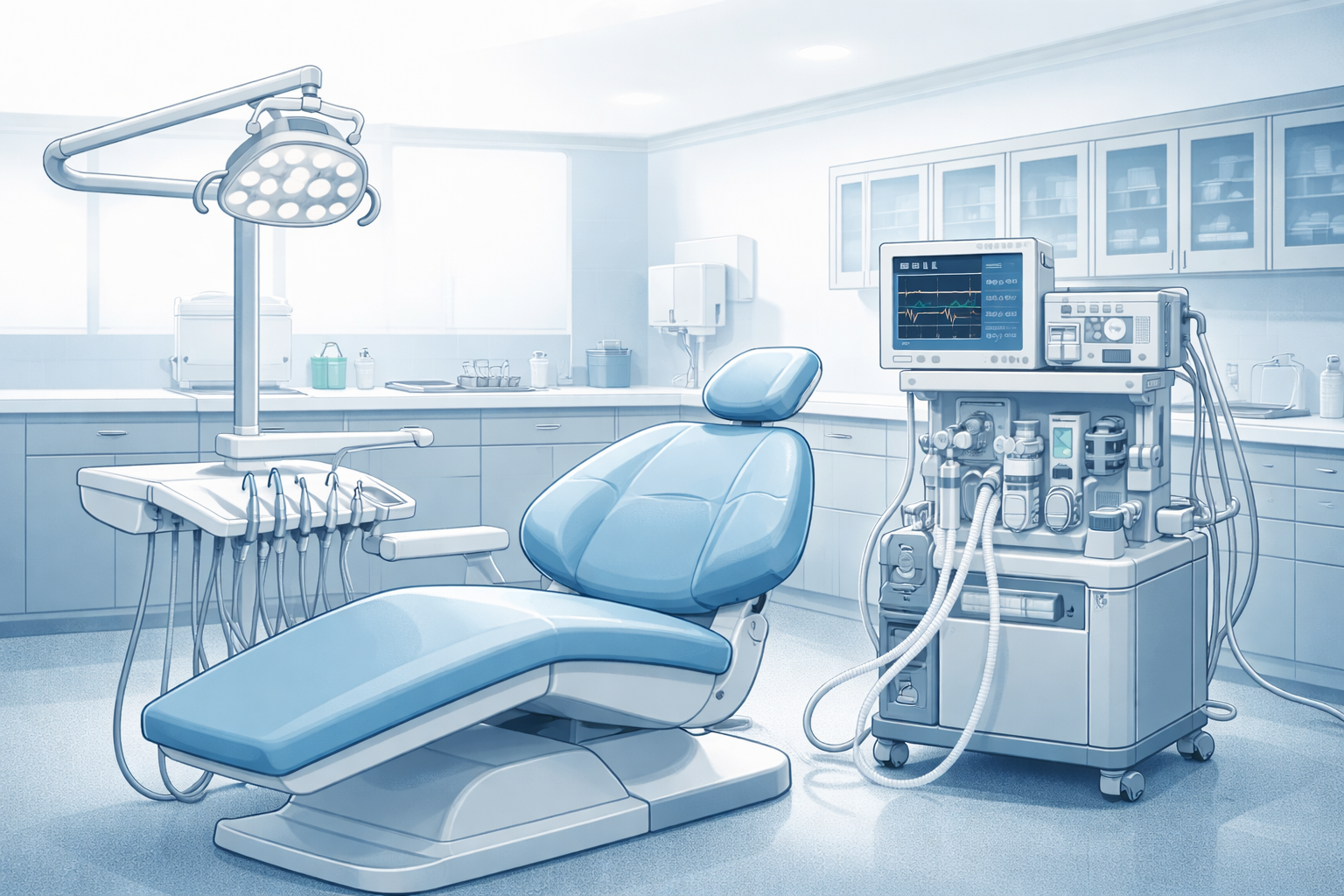 An empty dental examination room with a dental chair, overhead light, and various dental equipment including monitors and tubing.
