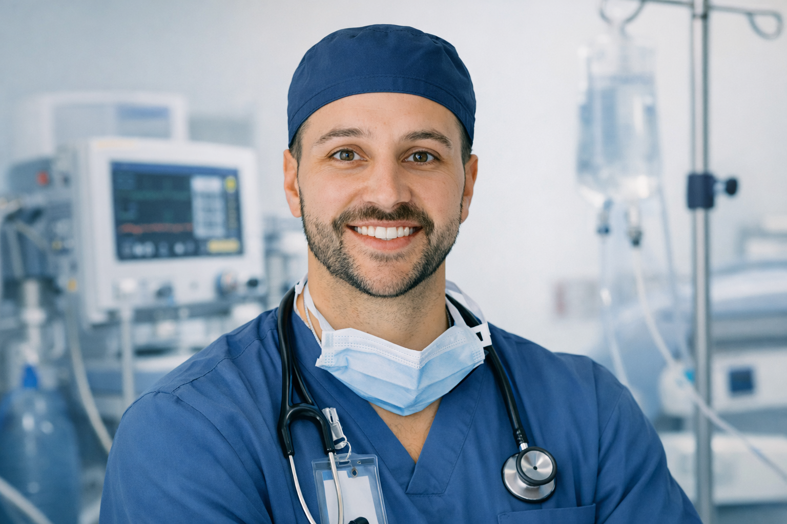Smiling male CRNA in scrubs and cap with a stethoscope around his neck, in a hospital setting with medical equipment and IV stand in the background.