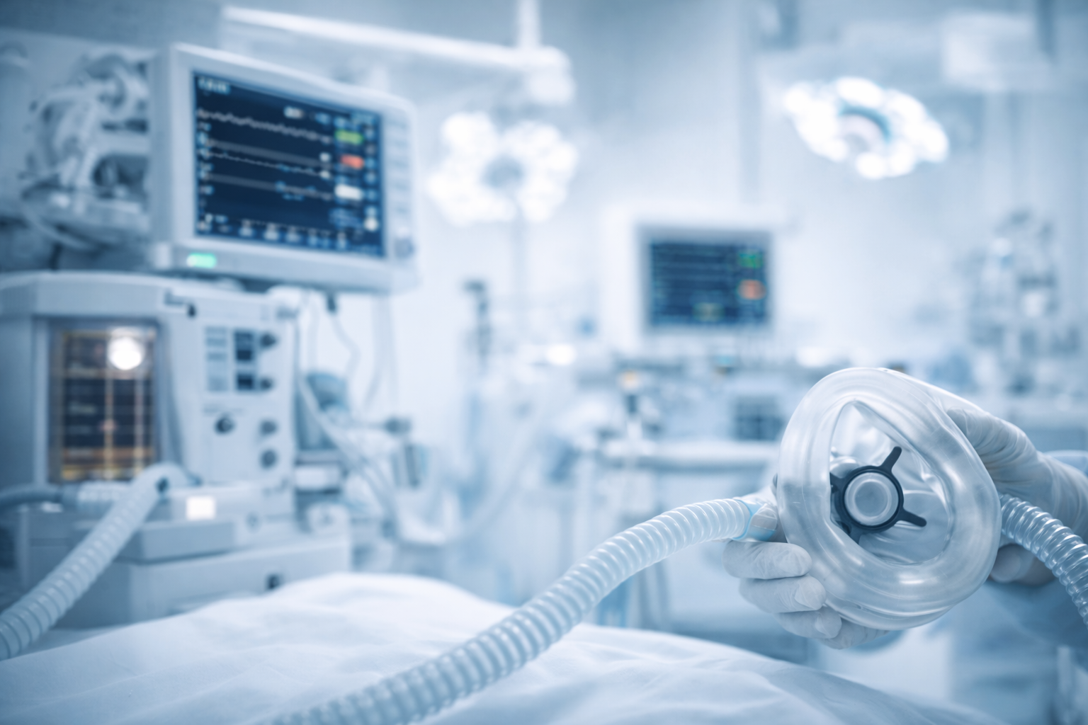 A hand holding a clear oxygen mask in a hospital intensive care unit with medical monitors and equipment in the background.