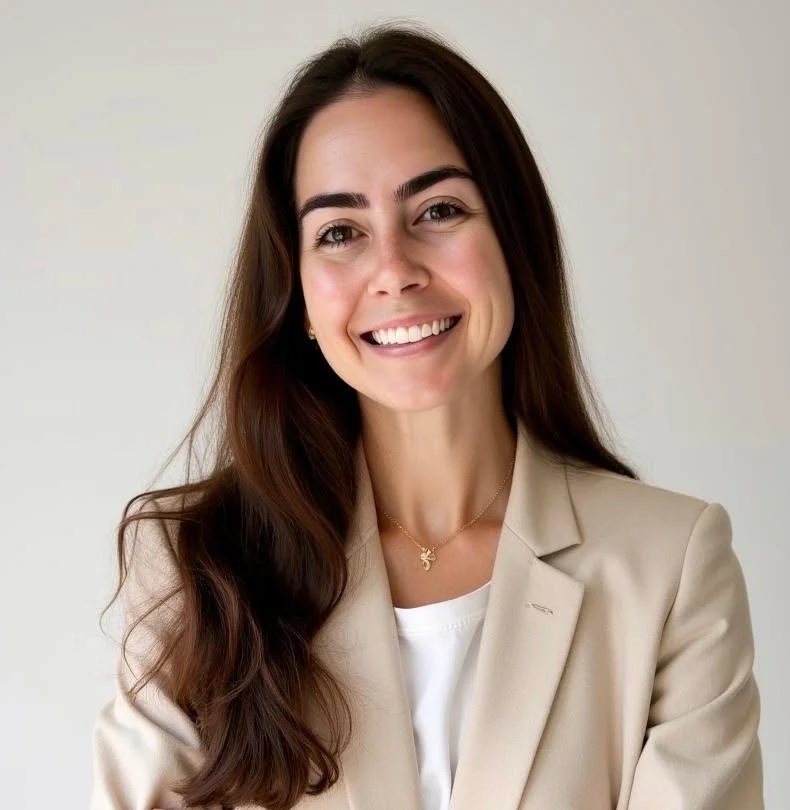 Smiling woman with long brown hair, wearing a beige blazer and a white top, against a plain background.