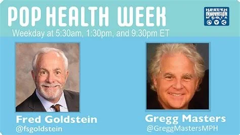 Poster for POP Health Week featuring two men, Fred Goldstein and Gregg Masters, with their social media handles and schedule for weekday sessions.