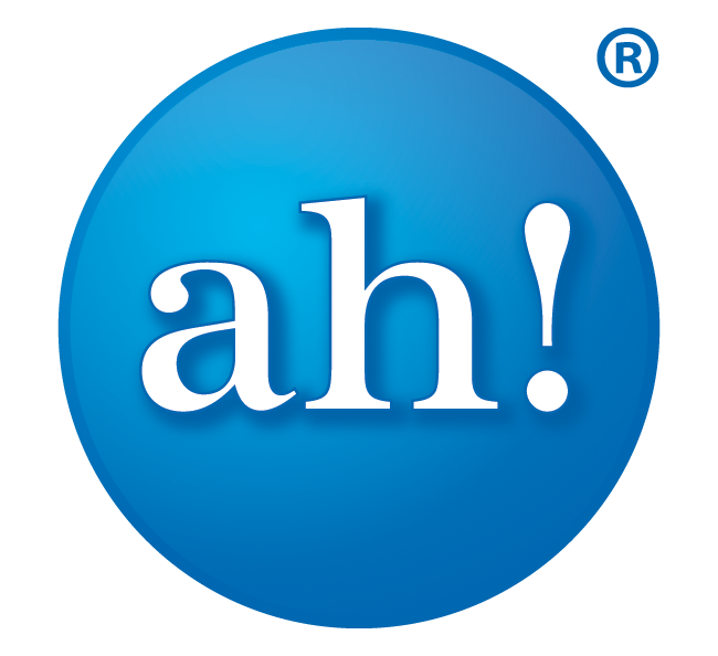 Blue speech bubble with the text 'ah!' in white, stylized font.