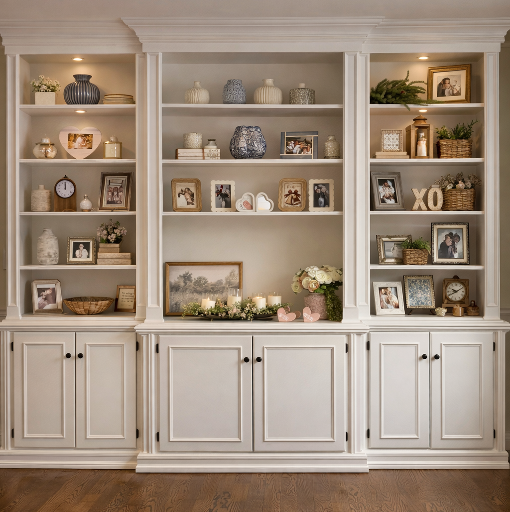 A white built-in bookcase with decorative items, framed photos, candles, vases, and flowers in a living room.