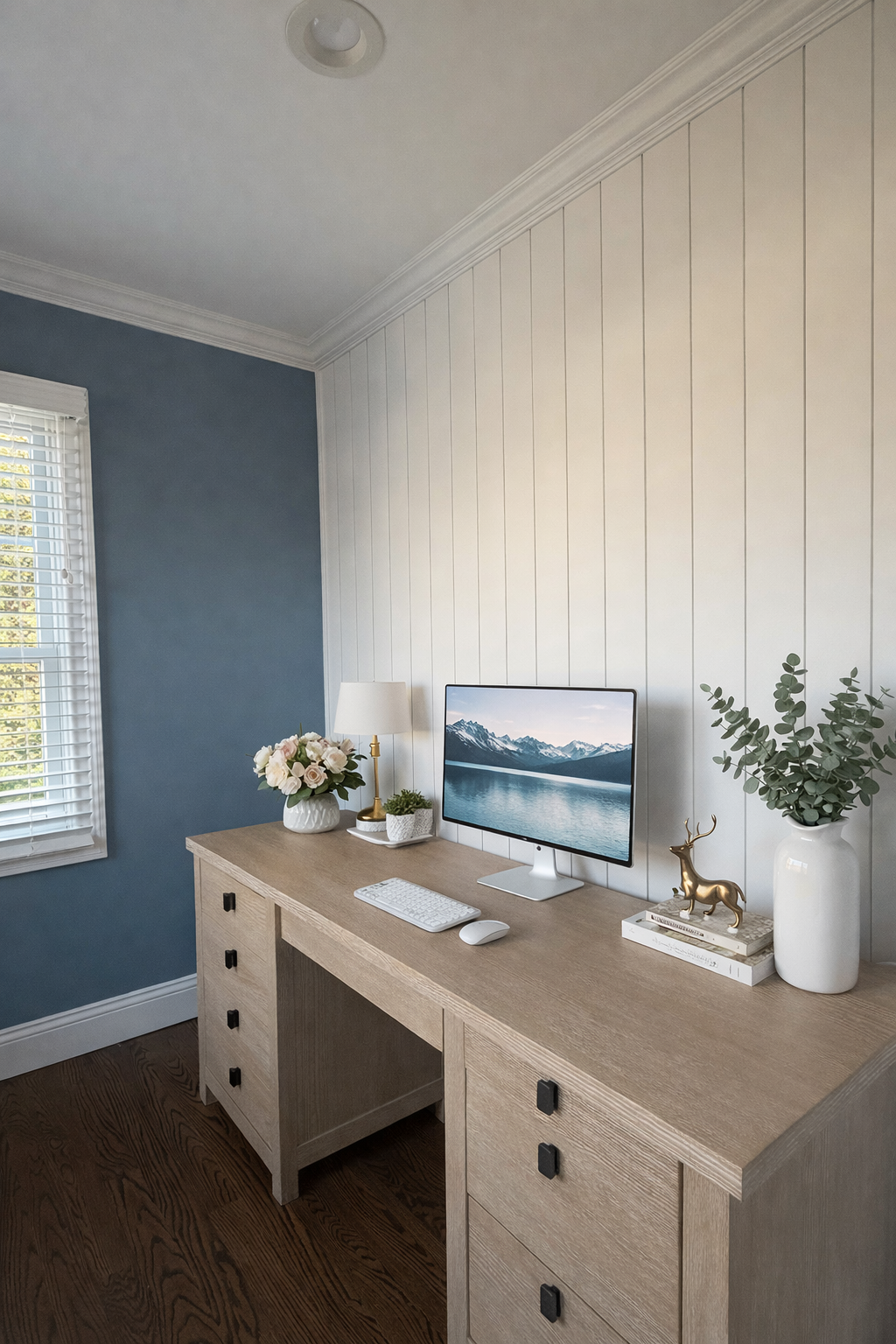 A home office desk setup with a computer monitor, a white lamp, a flower vase, a small plant, a decorative deer figurine, and books, against a white paneled wall with a window to the left.