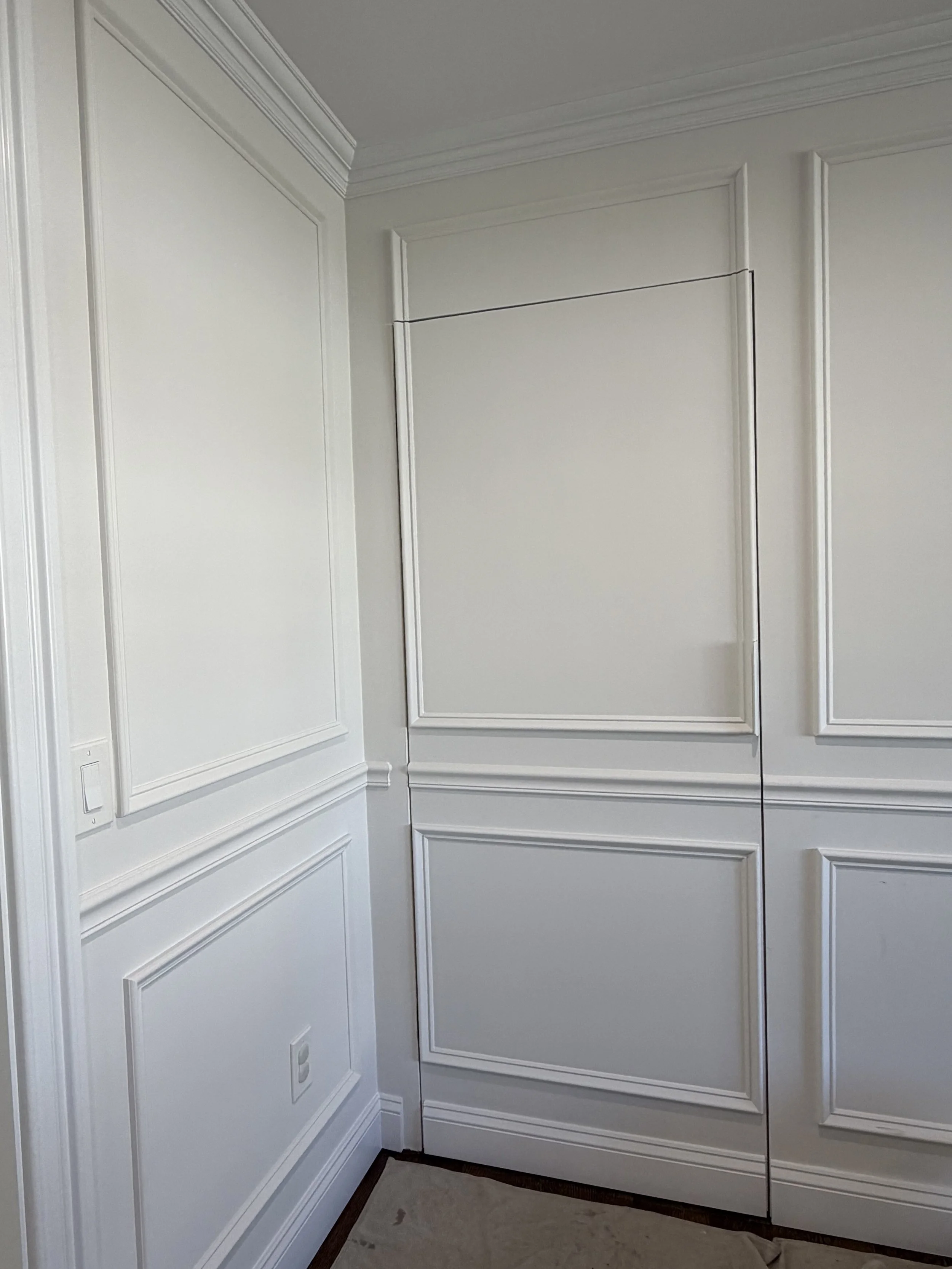 A room corner with white wainscoting and decorative molding on the walls, and a closed white cabinet or door in the corner.