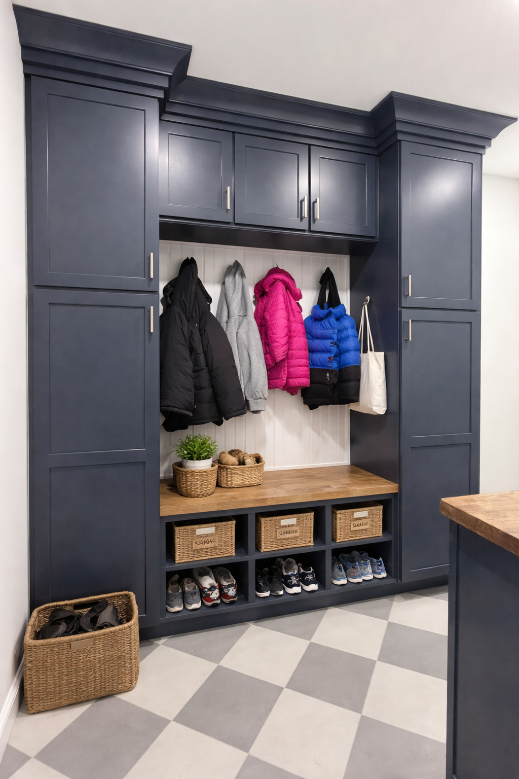 Blue built-in coat storage with hooks holding jackets, shelves with baskets and shoes, and a tiled floor.