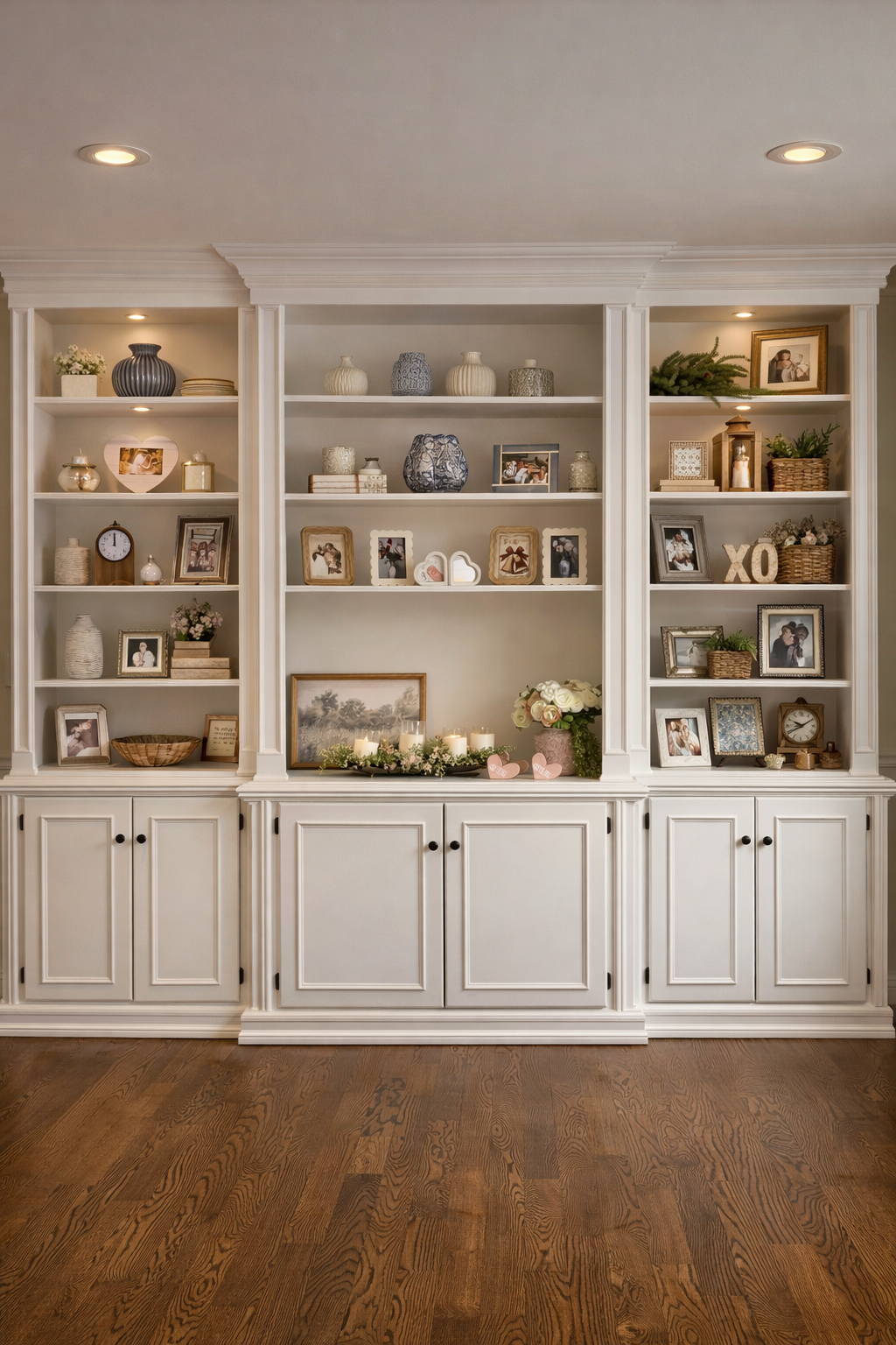 A white built-in bookshelf with decorative objects, framed photos, vases, candles, and floral arrangements, against a light-colored wall and wooden floor.