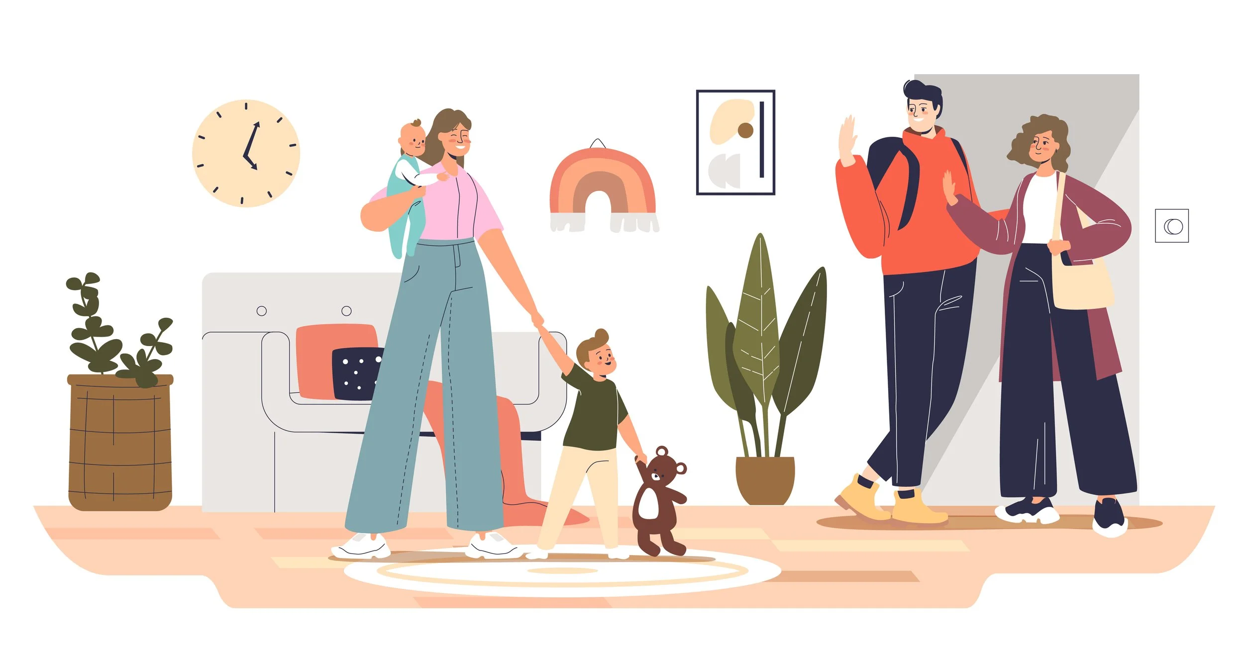 A family greeting friends at home, with a woman holding a child's hand, a woman holding a toddler, and two friends standing at the doorway, with indoor plants, a clock, and artwork decorating the room.
