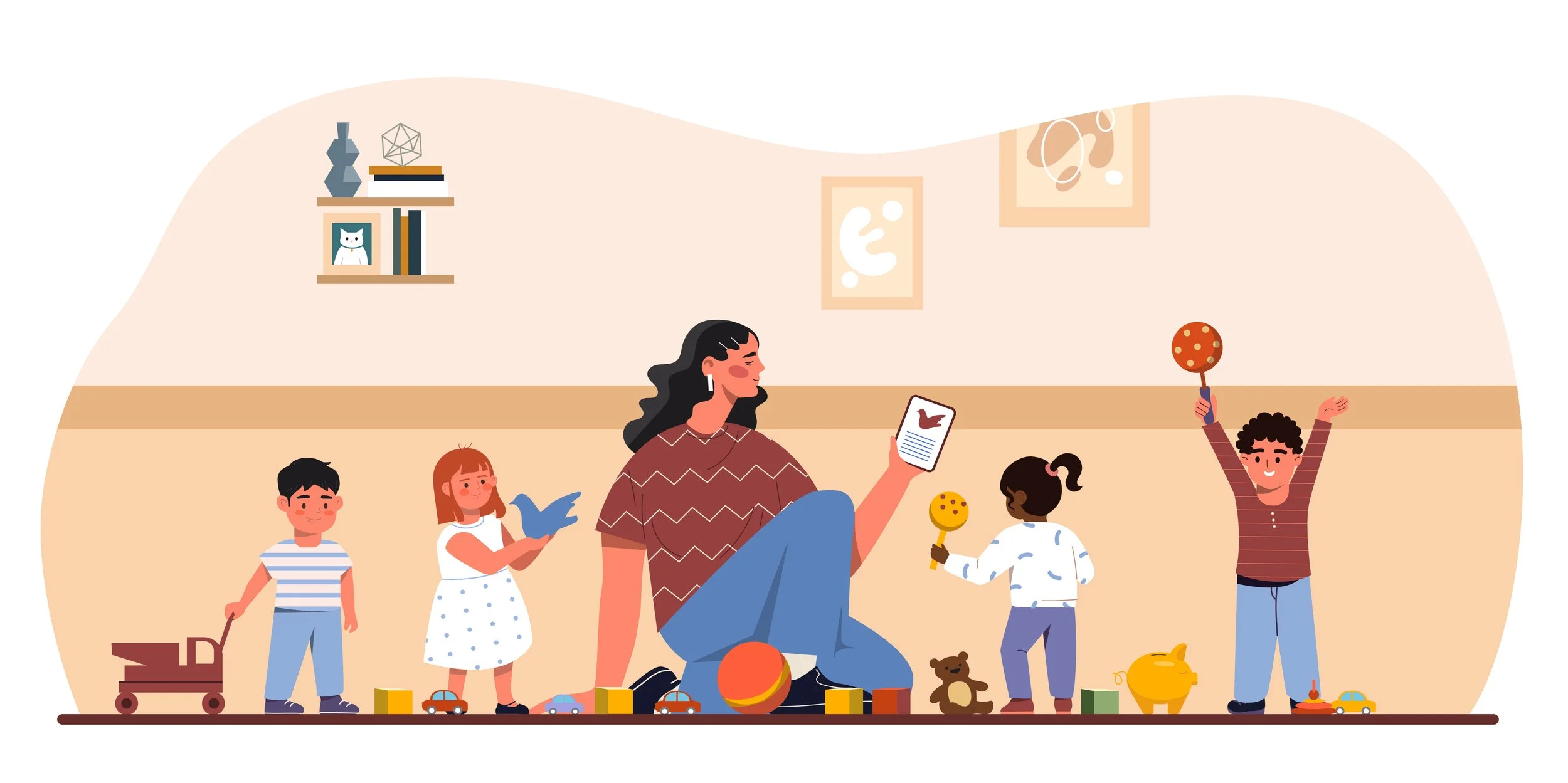 A woman and four children playing with toys on the floor in a living room, with toys, shelves, and wall art.
