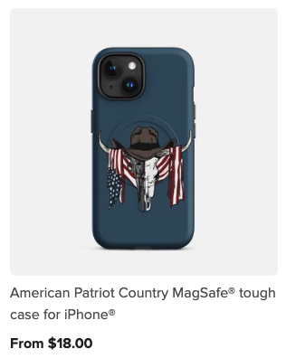 iPhone case featuring a buffalo skull with American flags draped over it, on a dark blue background.