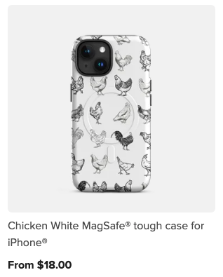 White iPhone case with black and gray chicken illustrations.