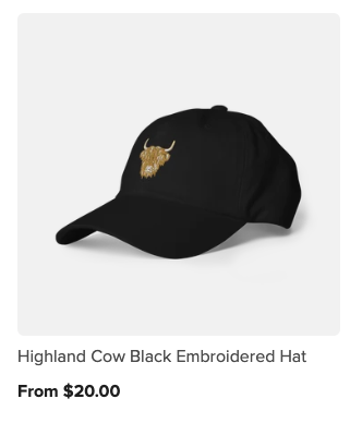 Black baseball cap with a gold embroidered Highland Cow logo.