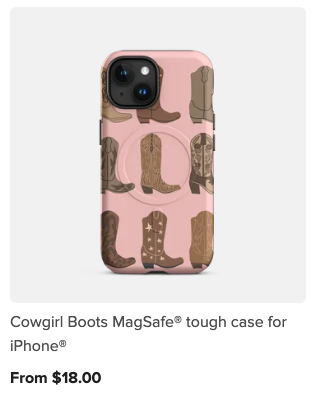 Pink phone case with cowgirl boots in various styles and colors
