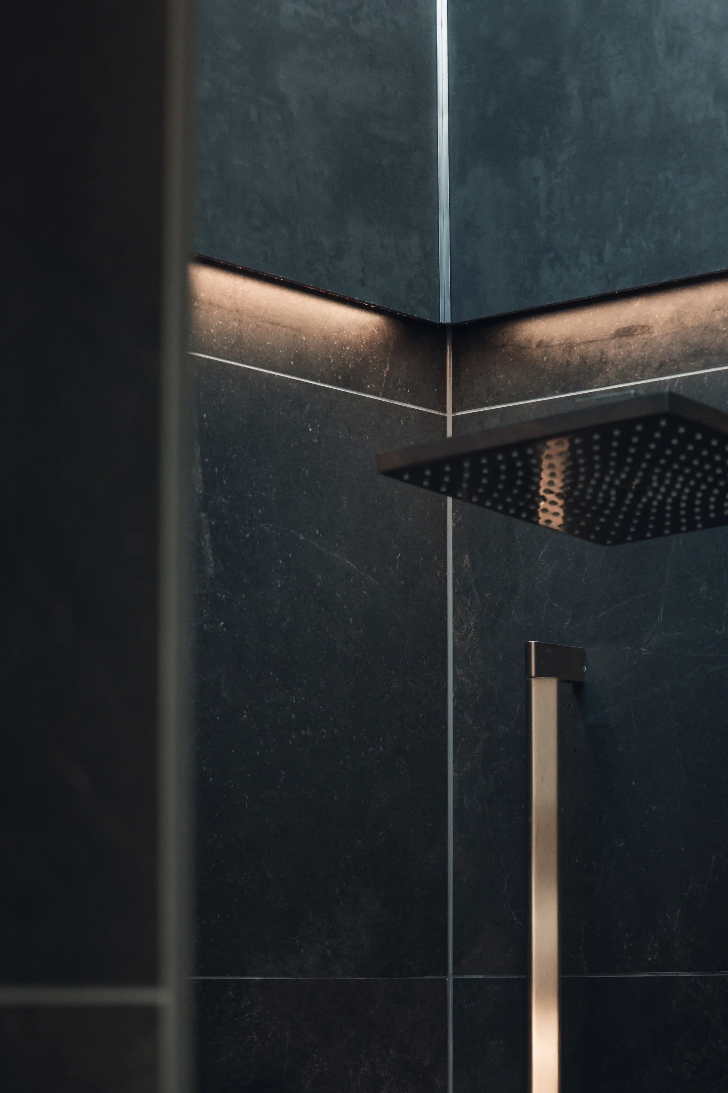 Innenansicht einer modernen, schwarzen Duschkabine mit dunklen Fliesen, einer Handbrause und LED-Beleuchtung.