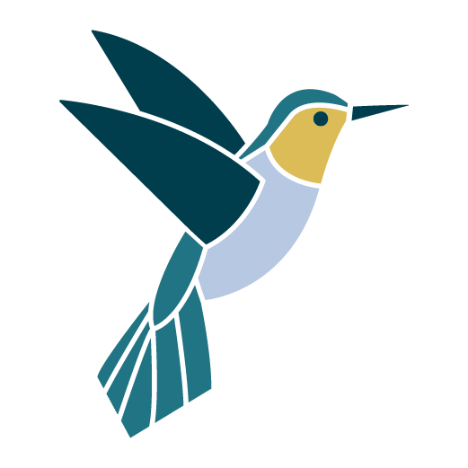 Illustration of a hummingbird with blue and yellow coloring, flying with wings spread.