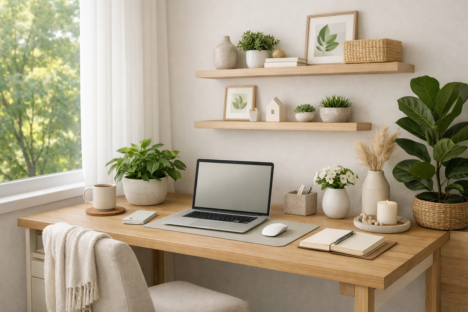 Home office desk with plants, candle, notebooks, and a laptop, in a bright room with natural light and wooden shelves with decorative items
