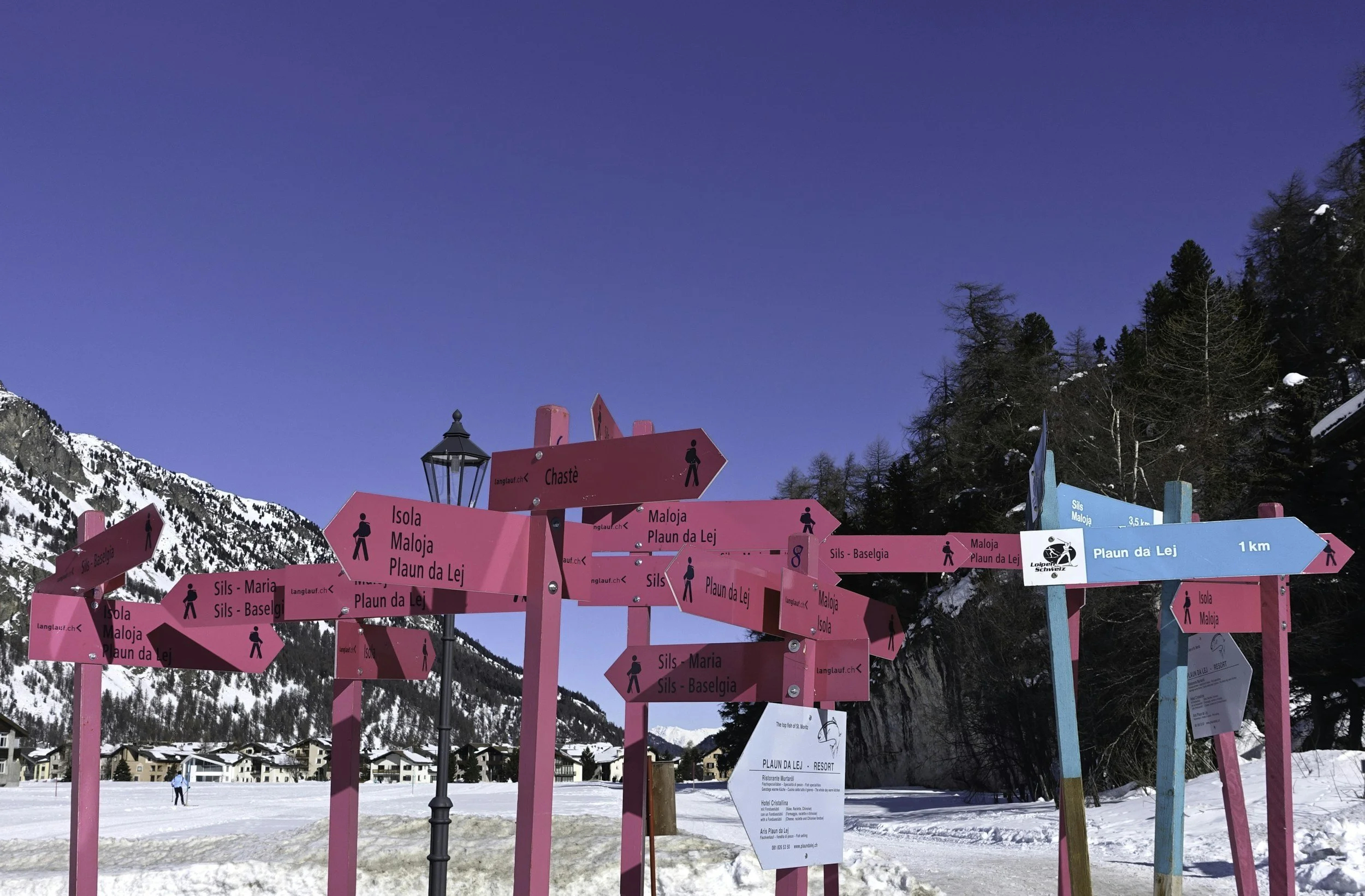 Signposts in a snowy landscape with mountains and trees in the background, indicating directions to various ski destinations and trails.
