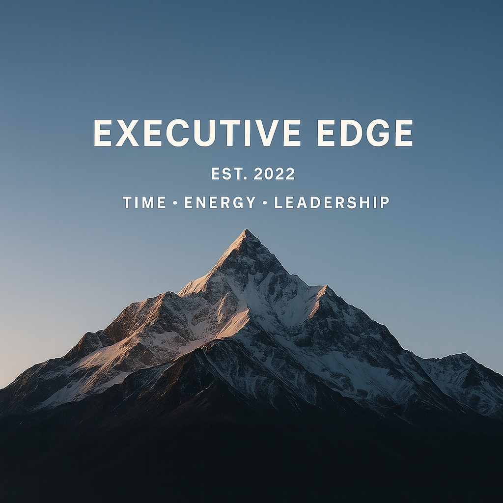 A mountain with snow-capped peaks under a clear sky with text overlay reading 'EXECUTIVE EDGE EST. 2022 TIME ENERGY LEADERSHIP'.
