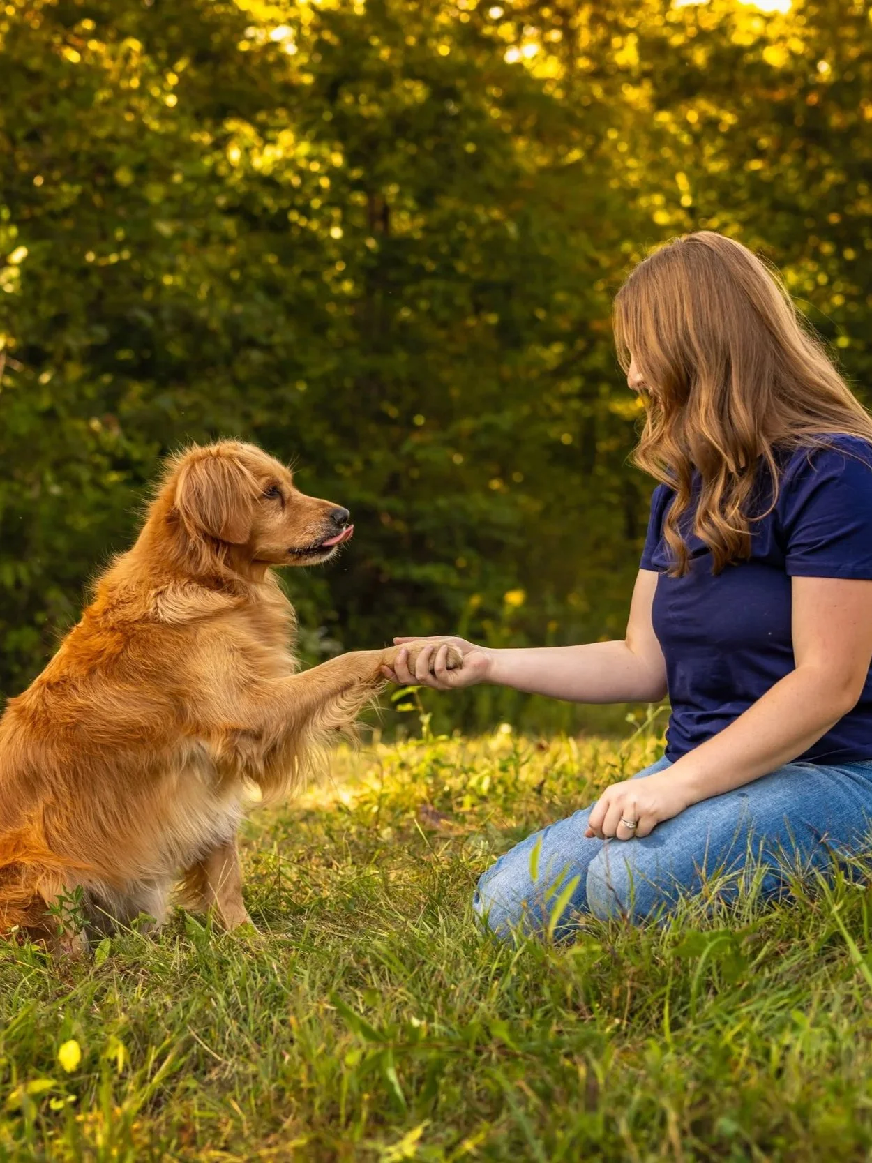 A woman kneeling on the grass, holding hands with a golden retriever puppy, outdoors in a sunlit forested area.