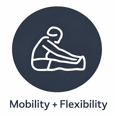 Line drawing of a person sitting with legs extended, arms reaching forward, inside a dark circle. Text below reads 'Mobility + Flexibility'.