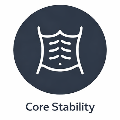 Icon of a toned human abdomen with muscles, labeled 'Core Stability'.