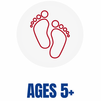 Red outline illustration of two feet with toes, labeled for ages 5 and up.