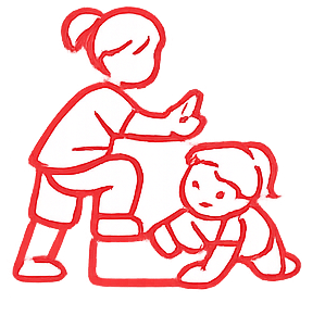 A line drawing of a woman sitting on a chair using a smartphone while a young child crawls on the floor nearby.